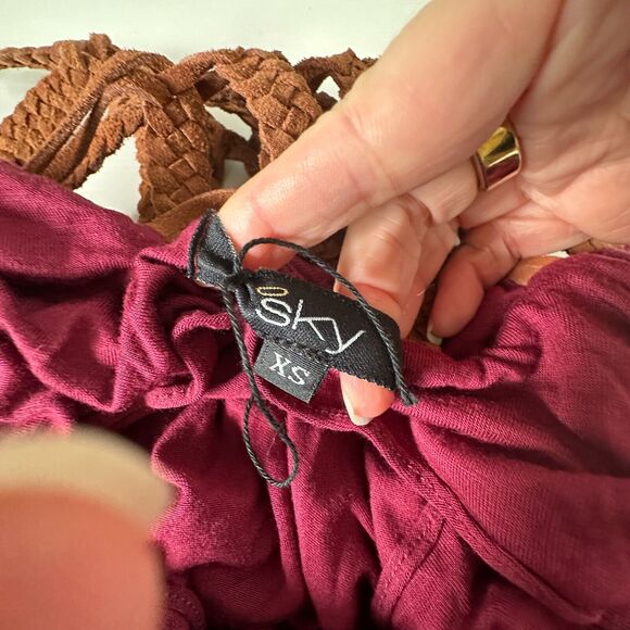 Sky Burgundy Scoop Neck Hand Braided Leather Design Back Strap Flowy Dress XS - Picture 6 of 14